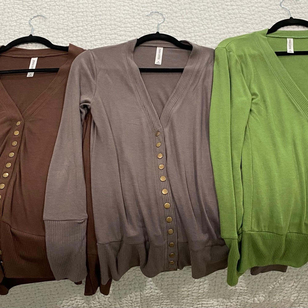 Women's V-Neck Button-Up Cardigans (3) - Brown, Taupe, and Green